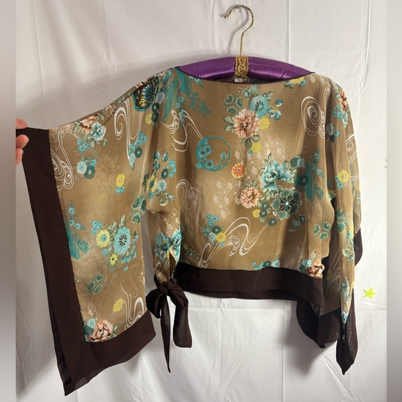 VTG Y2K Brown Floral Boho Batwing Sleeve Kimono Blouse with Waist Tie Size L - Picture 2 of 15